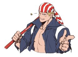 Rule 34 | 1boy, abs, bandana, billy kane, blue eyes, blue shirt, bo staff, clenched hand, collarbone, collared shirt, commentary, ear piercing, earrings, fatal fury, grin, hand up, high collar, holding, holding staff, holding weapon, jewelry, korean commentary, male focus, one eye closed, open clothes, open shirt, pectorals, piercing, pointing, pointing at viewer, shirt, signature, simple background, single earring, smile, solo, staff, star (symbol), strbrb789, striped clothes, the king of fighters, upper body, weapon, white background, wide sleeves