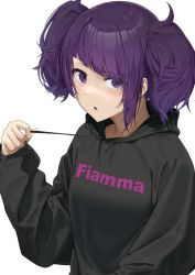 Rule 34 | 1girl, :o, black hoodie, blush, clothes writing, diagonal bangs, drawstring pull, ear piercing, earrings, highres, hood, hoodie, idolmaster, idolmaster shiny colors, italian text, jewelry, long sleeves, looking at viewer, noeru, open mouth, piercing, purple eyes, purple hair, short hair, short twintails, simple background, solo, tanaka mamimi, translated, twintails, upper body, white background