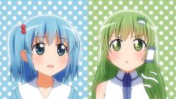 Rule 34 | 2girls, bad id, bad pixiv id, bare shoulders, blue eyes, blue hair, detached sleeves, dress, frog hair ornament, green eyes, green hair, hair bobbles, hair ornament, hair tubes, highres, kawashiro nitori, kochiya sanae, long hair, long sleeves, looking at viewer, looking to the side, mikomiko (mikomikosu), multiple girls, no headwear, no headwear, open mouth, polka dot, polka dot background, short hair, short twintails, snake hair ornament, sparkle, sparkling eyes, touhou, twintails, two side up, upper body