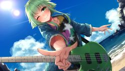 Rule 34 | 1girl, ;), absurdres, bad id, bad twitter id, beach, blue sky, cloud, cloudy sky, commentary, day, denim, denim jacket, dutch angle, electric guitar, foreshortening, green eyes, green hair, guitar, gumi, highres, index finger raised, instrument, jacket, lens flare, looking at viewer, ocean, one eye closed, outdoors, outstretched arm, rerrere, rock, sand, shirt, short hair with long locks, sidelocks, sky, smile, solo, star (symbol), star print, sun, t-shirt, upper body, vocaloid, waves
