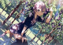 Rule 34 | 1girl, absurdres, arm up, black thighhighs, blue dress, blush, braid, breasts, day, dress, dutch angle, food, fruit, grapes, hair over shoulder, highres, huge filesize, kantoku, ladder, long hair, looking at viewer, open mouth, outdoors, purple eyes, purple hair, scan, sitting, small breasts, solo, stepladder, sunlight, thighhighs, twin braids