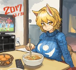 Rule 34 | 1girl, 2017, animal ears, ball, blonde hair, blue sweater, blush, bowl, breasts, chanta (ayatakaoisii), chopsticks, closed mouth, controller, dated, electric plug, electrical outlet, flat screen tv, food, fox ears, fox tail, fruit, highres, holding, huge breasts, inarizushi, indoors, kotatsu, long sleeves, looking at viewer, mandarin orange, mononobe no futo, remote control, ribbed sweater, short hair, sitting, smile, soccer, soccer ball, soccer uniform, solo, sportswear, sushi, sweater, table, tail, television, touhou, yakumo ran, yellow eyes