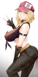 Rule 34 | 1girl, arm strap, artist name, ass, bad id, bad pixiv id, baseball cap, belt, black choker, black gloves, black pants, blonde hair, blue eyes, bra, breasts, bursting breasts, choker, cleavage, coco (code vein), code vein, copyright name, elbow gloves, eyelashes, eyeliner, from side, gloves, hat, highres, large breasts, lips, looking at viewer, makeup, medium hair, midriff, mole, mole under eye, nofuture, pants, partially fingerless gloves, sagging breasts, sleeveless, solo, standing, underwear, v, white background