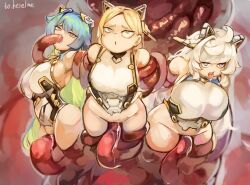 Rule 34 | animal ears, blonde hair, blue eyes, blue hair, breasts, cat ears, character request, drooling, female focus, fucked silly, green hair, highres, huge breasts, larribee, last origin, nude, pussy juice, standing, tentacle fellatio, tentacle in mouth, tentacle sex, tentacles, thick thighs, thighs, tongue, tongue out, vaginal, white hair, yellow eyes