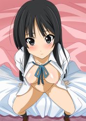 Rule 34 | 00s, 1girl, akiyama mio, bed, black eyes, black hair, blunt bangs, blush, bottomless, breasts, censored, from above, highres, hime cut, k-on!, large breasts, long hair, looking at viewer, looking up, moeshino, nipples, open clothes, open shirt, pussy, ribbon, school uniform, shirt, sitting, solo, sweat