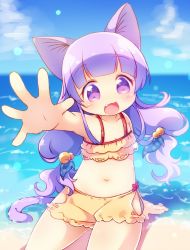 Rule 34 | :d, absurdres, animal ears, arm support, beach, bell, belly, bikini, blunt bangs, breasts, cat ears, cat girl, cat tail, child, fang, frilled bikini, frills, hair ribbon, hand up, highres, jingle bell, long hair, matatabi (nigatsu), midriff, navel, open mouth, outdoors, outstretched arm, outstretched hand, purple eyes, purple hair, ribbon, sitting, small breasts, smile, swimsuit, tail, twintails, water