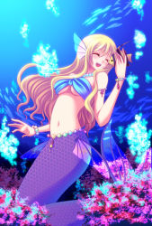 Rule 34 | 1girl, :d, angelfish, armlet, bandeau, belt, blonde hair, bracelet, breasts, bubble, closed eyes, coral, fins, fish, head fins, hexagon, jewelry, kneeling, long hair, mermaid, miyuki (0213), monster girl, necklace, open mouth, original, pearl necklace, scales, see-through, smile, solo, tropical fish, underboob, underwater, unmoving pattern