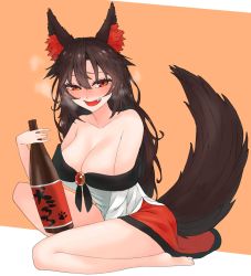 Rule 34 | 1girl, alcohol, animal ear fluff, animal ears, artist request, bangs, bare shoulders, blush, bottle, breasts, brooch, brown hair, cleavage, dress, drunk, fangs, feet, hair between eyes, heavy breathing, highres, imaizumi kagerou, jewelry, large breasts, long hair, looking at viewer, naughty smile, open mouth, orange background, red dress, sitting, smile, tail, touhou, two-tone dress, wariza, white dress, wolf ears, wolf tail