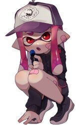 Rule 34 | 1girl, :o, absurdres, bandages, black footwear, black shirt, black shorts, candy, collared shirt, food, hat, highres, holding, holding candy, holding food, holding lollipop, inkling, inkling girl, inkling player character, lollipop, long sleeves, looking at viewer, nintendo, open mouth, pink hair, pointy ears, purple headwear, red eyes, sahata saba, shirt, shoes, short shorts, shorts, sitting, sneakers, splatoon (series), squatting, transparent background, v-shaped eyebrows