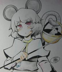 Rule 34 | 1girl, animal ears, female focus, gradient background, grey hair, kari (karinimooreha), mouse (animal), mouse ears, mouse tail, nazrin, partially colored, red eyes, shikishi, short hair, solo, tail, touhou, traditional media