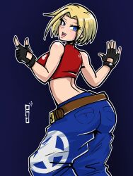 Rule 34 | 1girl, ass, bare shoulders, blonde hair, blue eyes, blue mary, breasts, crop top, denim, fatal fury, fingerless gloves, from behind, gloves, highres, jeans, large breasts, paddy g (terrybrogard), pants, short hair, sleeveless, the king of fighters