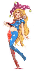 Rule 34 | 1girl, american flag dress, american flag legwear, american flag shirt, artistic error, blonde hair, breasts, clothes lift, clownpiece, commentary request, dress, dress lift, duplicate, fangs, full body, groin, harusame (unmei no ikasumi), hat, highres, hip bones, jester cap, long hair, looking at viewer, midriff, naughty face, navel, no pants, no shoes, open mouth, pantyhose, pink eyes, ringed eyes, sharp teeth, shirt lift, short sleeves, small breasts, smile, solo, standing, standing on one leg, striped clothes, striped pantyhose, teeth, tongue, tongue out, touhou, very long hair, wavy hair