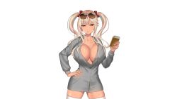 Rule 34 | 1girl, blonde hair, breasts, cellphone, cleavage, dark-skinned female, dark skin, feet out of frame, female focus, game cg, hand on own hip, hand up, holding, holding phone, hoshino anna (otokano), kuroyui, large breasts, legs, long hair, looking at viewer, navel, no bra, original, otokano ~otouto no kanojo ga bunkei de tsuyome!?~, parted lips, phone, red eyes, simple background, smile, solo, standing, sunglasses, sunglasses on head, tachi-e, thighhighs, thighs, transparent background, twintails, unzipped, zettai ryouiki, zipper