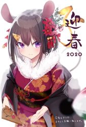 Rule 34 | 1girl, 2020, animal ears, blurry, blurry background, blush, brown hair, cheese hair ornament, chinese zodiac, closed mouth, commentary request, depth of field, floral print, flower, food-themed hair ornament, hagoita, hair between eyes, hair flower, hair ornament, holding, japanese clothes, kimono, long sleeves, mayogii, mouse ears, mouse girl, mouse tail, original, paddle, pink flower, print kimono, purple eyes, red flower, red kimono, shuttlecock, smile, solo, tail, translation request, upper body, white background, wide sleeves, year of the rat