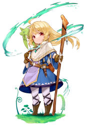 Rule 34 | 1girl, absurdres, ahoge, bag, blonde hair, boots, brown footwear, brown gloves, child, commentary request, dagger, fantasy, feathered dragon, fern, gloves, highres, holding, holding staff, jewelry, knife, leather, leather boots, leather gloves, long hair, looking at viewer, mage staff, magic, original, pants, pendant, red eyes, robe, shawl, sheath, sheathed, simple background, solo, staff, tachi-e, weapon, white background, white pants, wind, yunekoko