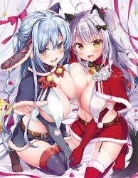 Rule 34 | 2girls, :d, ahoge, animal ears, asymmetrical docking, bell, belt, blue capelet, blue gloves, blue hair, blue skirt, blush, boots, bow, breast press, breasts, brown footwear, buckle, capelet, cat ears, cat tail, cherry hair ornament, christmas, cleavage, elbow gloves, food-themed hair ornament, fur-trimmed footwear, fur-trimmed gloves, fur trim, gloves, hair bow, hair ornament, hat, holding hands, jingle bell, kneeling, komiya hitoma, large breasts, long hair, looking at viewer, mini hat, miniskirt, mole, mole on breast, multiple girls, navel, open mouth, original, purple hair, red capelet, red footwear, red skirt, revealing clothes, santa costume, santa gloves, santa hat, skirt, smile, tail, thigh boots, thighhighs, two side up, very long hair, white legwear, yellow eyes