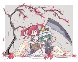 Rule 34 | 2girls, bare tree, barefoot, black skirt, closed eyes, closed mouth, commentary, flower, frilled skirt, frills, full body, green hair, hair bobbles, hair ornament, highres, looking at viewer, multiple girls, onozuka komachi, primsla, red eyes, red flower, shiki eiki, short hair, sitting, skirt, smile, spider lily, touhou, tree, two side up