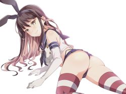 Rule 34 | 1girl, alternate costume, black hair, black hairband, black panties, blush, breasts, cosplay, crop top, elbow gloves, gloves, hairband, highleg, highleg panties, highres, kantai collection, kukimaru, long hair, looking at viewer, medium breasts, microskirt, miniskirt, multicolored hair, naganami (kancolle), navel, panties, pink hair, sailor collar, school uniform, shimakaze (kancolle), shimakaze (kancolle) (cosplay), skirt, solo, striped clothes, striped thighhighs, thighhighs, thighs, transparent background, underwear, white gloves