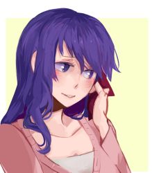 Rule 34 | 1girl, blush, breasts, cleavage, collarbone, fate/stay night, fate (series), hair between eyes, hair ribbon, hand on own cheek, hand on own face, long hair, long sleeves, looking away, looking to the side, matou sakura, purple eyes, purple hair, red ribbon, ribbon, shirt, sidelocks, simple background, smile, solo, sweater, upper body, white shirt, yellow background