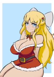 Rule 34 | 1girl, bare shoulders, belt, blonde hair, blue eyes, bow, breasts, charlotte (fire emblem), christmas, cleavage, dress, fire emblem, fire emblem fates, highres, in2naps, large breasts, long hair, nintendo, short dress, solo, white bow