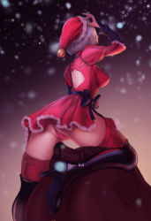 Rule 34 | 1girl, adapted costume, ass, back cutout, bell, black bow, black footwear, boots, bow, breasts, cleft of venus, clothing cutout, dress, from behind, hat, hat bell, high heel boots, high heels, highres, holy meh, jingle bell, leg up, medium breasts, nier:automata, nier (series), panties, partially visible vulva, pussy, red dress, red panties, red thighhighs, sack, santa costume, santa hat, short dress, short hair, sideboob, silver hair, snow, snowing, solo, thighhighs, thighhighs under boots, uncensored, underwear, upskirt, winter, 2b (nier:automata)