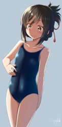 Rule 34 | 10s, 1girl, alternate costume, black hair, blush, brown eyes, competition school swimsuit, covered navel, flat chest, folded ponytail, gurande (g-size), hair ribbon, highres, kimi no na wa., miyamizu mitsuha, one-piece swimsuit, ribbon, school swimsuit, short hair, simple background, smile, solo, swimsuit