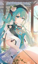 Rule 34 | 1girl, absurdres, aqua dress, aqua eyes, aqua hair, black hat, branch, bud, china dress, chinese clothes, dress, english text, falling petals, floral print, flower, grass, hat, hat flower, hatsune miku, highres, jewelry, light smile, looking at viewer, mountainous horizon, pendant, petals, rooftop, short sleeves, sitting, solo, taoer., twintails, vocaloid, white flower