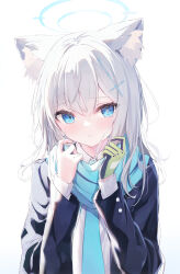 Rule 34 | 1girl, animal ear fluff, animal ears, blazer, blue archive, blue eyes, blue jacket, blue necktie, blue scarf, blush, cat ears, closed mouth, commentary request, cross hair ornament, gloves, green gloves, grey hair, hair between eyes, hair ornament, halo, highres, jacket, long sleeves, looking at viewer, medium hair, mismatched pupils, necktie, okomeillust, open clothes, open jacket, partial commentary, revision, scarf, school uniform, shiroko (blue archive), simple background, single glove, solo, upper body, white background, white hair, wolf ears