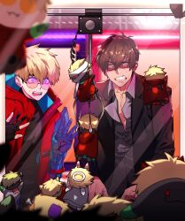 Rule 34 | 2boys, black gloves, black hair, black jacket, black shirt, blonde hair, character doll, clenched teeth, collarbone, collared shirt, constricted pupils, cowboy shot, crane game, frown, gaeha is, glasses, gloves, grey shirt, hands up, highres, jacket, long sleeves, male focus, multiple boys, nicholas d. wolfwood, open mouth, partially fingerless gloves, partially unbuttoned, pectoral cleavage, pectorals, prosthesis, prosthetic arm, red jacket, round eyewear, shirt, short hair, standing, sweatdrop, teeth, trigun, trigun stampede, undercut, v-shaped eyebrows, vash the stampede