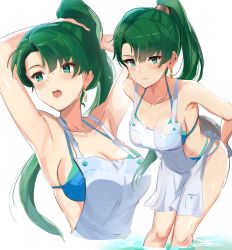 Rule 34 | 1girl, absurdres, apron, armpits, arms behind head, arms up, bare shoulders, bikini, blue bikini, blush, breasts, closed mouth, collarbone, earrings, fire emblem, fire emblem: the blazing blade, green eyes, green hair, high ponytail, highres, jewelry, large breasts, long hair, looking at viewer, lyn (fire emblem), multiple views, nintendo, open mouth, ormille, ponytail, simple background, smile, swimsuit, thighs, very long hair, white background