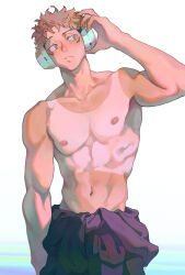 1boy abs absurdres black_hoodie closed_mouth facial_mark headphones heat_stroke_photoshoot_(meme) highres hood hoodie itadori_yuuji jujutsu_kaisen male_focus navel nipples pink_hair qxq_illus short_hair simple_background solo tan toned toned_male topless_male