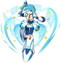 Rule 34 | 1girl, android, blue bodysuit, blue eyes, bodysuit, breasts, full body, gradient hair, hair ornament, headset, highres, joints, leg up, long hair, looking at viewer, medium breasts, mega man (series), mega man x (series), mega man x dive, mizuno keisuke, multicolored hair, official art, one eye closed, one side up, open mouth, pale skin, ponytail, rico (mega man), robot, robot joints, shorts, side ponytail, smile, solo, transparent background