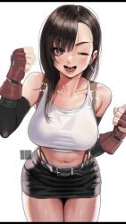 Rule 34 | 1girl, black hair, blush, breasts, cheering, crop top, dangle earrings, earrings, elbow gloves, elbow pads, final fantasy, final fantasy vii, fingerless gloves, from above, gloves, highres, jewelry, large breasts, long hair, looking at viewer, low-tied long hair, midriff, nanja, navel, red eyes, shirt, skirt, smile, solo, suspender skirt, suspenders, suspenders gap, tank top, taut clothes, taut shirt, tifa lockhart, white tank top