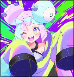 Rule 34 | 1girl, aqua hair, ayuma night, character hair ornament, creatures (company), game freak, hair ornament, highres, iono (pokemon), jacket, long sleeves, looking at viewer, multicolored hair, nintendo, one eye closed, open mouth, oversized clothes, pink hair, pokemon, pokemon sv, sharp teeth, smile, teeth, two-tone hair, upper body