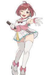 Rule 34 | 1girl, ahoge, bad anatomy, blush, bow, brown eyes, brown hair, commentary request, detached collar, eyelashes, full body, gloves, gluteal fold, hair bow, highres, holding, holding microphone, idol, legs, looking at viewer, microphone, miniskirt, one eye closed, open mouth, original, pink shirt, pleated skirt, polka dot, polka dot shirt, sailor collar, shirt, short hair, skirt, smile, solo, teeth, thighhighs, thighs, upper teeth only, white background, white footwear, white gloves, white sailor collar, white skirt, white thighhighs, yureru 300