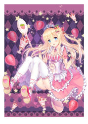 Rule 34 | 1girl, absurdres, argyle, argyle background, argyle clothes, blonde hair, blue eyes, blush, border, bow, breasts, center frills, elbow gloves, food, frills, fruit, gloves, heart, highres, lace, lace border, long hair, ltt challenger, original, ornate border, outside border, socks, solo, spoon, star (symbol), strawberry, thighhighs, white thighhighs