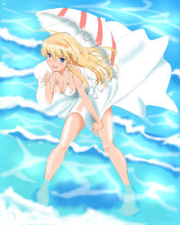 Rule 34 | 1girl, ahoge, alternate costume, blonde hair, blue eyes, blush, breasts, cleavage, commentary, dress, dutch angle, hand on own thigh, hanna-justina marseille, highres, leaning forward, long hair, looking at viewer, ocean, parasol, smile, snatcha, solo, strike witches, sundress, umbrella, wading, water, waves, white dress, witches of africa, world witches series