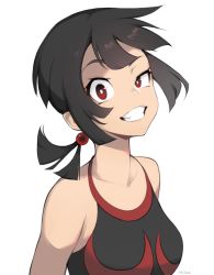 Rule 34 | 1girl, bare arms, bright pupils, brown hair, collarbone, commentary, creatures (company), eyelashes, game freak, grin, hair bobbles, hair ornament, half-closed eye, highres, looking at viewer, milka (milk4ppl), nintendo, pokemon, pokemon oras, red eyes, shirt, signature, sleeveless, sleeveless shirt, smile, solo, teeth, upper body, white pupils, zinnia (pokemon)