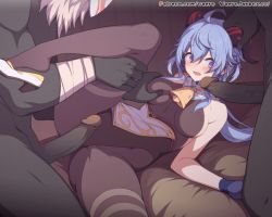 Rule 34 | 1girl, 2boys, ahoge, animated, animated gif, bell, blue gloves, blue hair, blush, grabbing another&#039;s breast, breasts, breasts apart, brown leotard, brown pantyhose, covered erect nipples, frottage, ganyu (genshin impact), genshin impact, gloves, grabbing, hair between eyes, hetero, hilichurl (genshin impact), leg up, leotard, long hair, looking at penis, lying, medium breasts, multiple boys, neck bell, on back, open mouth, pantyhose, penis, purple eyes, shoe dangle, shoes, thigh grab, uncensored, waero, white footwear