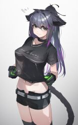 Rule 34 | 1girl, absurdres, animal ears, arknights, belt, black choker, black gloves, black hair, black shirt, black shorts, black thighhighs, breasts, cat ears, cat tail, choker, commentary, cowboy shot, gloves, gradient background, grey background, grey belt, highres, jessica (arknights), jessica the liberated (arknights), large breasts, long hair, looking at viewer, midriff, navel, plabit, ponytail, see-through silhouette, shirt, short shorts, short sleeves, shorts, solo, standing, tail, thighhighs, thighs, very long hair