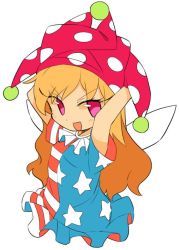 Rule 34 | 1girl, american flag dress, arms up, blonde hair, clownpiece, commentary request, cropped legs, fairy wings, fang, hat, ini (inunabe00), jester cap, long hair, looking at viewer, neck ruff, open mouth, pink eyes, red hair, short sleeves, simple background, smile, solo, touhou, upper body, white background, wings