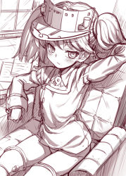 Rule 34 | 10s, 1girl, arm up, blush, chair, kantai collection, long hair, looking at viewer, monochrome, no pants, panties, ryuujou (kancolle), sitting, solo, thighhighs, twintails, underwear, uousa-ou, visor cap
