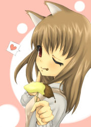 Rule 34 | 00s, 1girl, animal ears, blunt bangs, brown hair, food, heart, holo, long hair, long sleeves, one eye closed, red eyes, smile, solo, spice and wolf, toda ayu, wolf ears