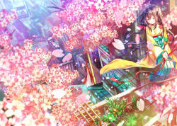 Rule 34 | 1girl, blush, bow, brown hair, butakimuchi, cherry blossoms, closed eyes, green skirt, hair bow, hakama, hakama skirt, house, japanese clothes, kimono, long hair, original, own hands together, petals, plant, potted plant, red bow, sitting, skirt, solo, very long hair, wind
