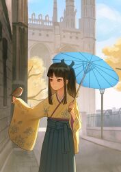 Rule 34 | 1girl, absurdres, ace attorney, bird, black hair, blunt bangs, brown eyes, closed mouth, cloud, day, hakama, hakama skirt, highres, holding, holding umbrella, japanese clothes, kimono, long hair, long sleeves, oil-paper umbrella, outdoors, rei membami, skirt, sky, solo, standing, the great ace attorney, umbrella, wonemie, yellow kimono
