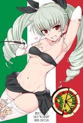 Rule 34 | 10s, 1girl, anchovy (girls und panzer), anchovy (girls und panzer), arm up, armpits, bikini, blush, breasts, cleavage, drill hair, elbow gloves, girls und panzer, gloves, grey hair, grin, highres, italian flag, long hair, looking at viewer, makabe gorou, medium breasts, red eyes, sarong, smile, solo, strapless, striped, striped background, swimsuit, thighhighs, tube top, twin drills, twintails, vertical stripes, white gloves, white thighhighs