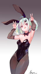 Rule 34 | 1girl, absurdres, animal ears, armpits, arms up, bare shoulders, black bow, black neckwear, bow, covered navel, dated, detached sleeves, double v, eyelashes, fake animal ears, gradient background, green hair, hatching (texture), highres, leotard, light green hair, linween, long hair, looking at viewer, open mouth, original, pantyhose, playboy bunny, purple eyes, rabbit ears, round teeth, shiny clothes, signature, smile, solo, teeth, twintails, upper teeth only, v
