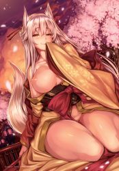 Rule 34 | 1girl, animal ear fluff, animal ears, bare shoulders, blush, branch, breast slip, breasts, breasts out, cherry blossoms, closed mouth, collarbone, comic bavel, curvy, flower, hair between eyes, hair ornament, hair stick, half-closed eyes, hand to own mouth, highres, japanese clothes, kimono, koi maguwai: boukyaku no youko, lamppost, large breasts, long hair, long sleeves, looking at viewer, nipples, no bra, no panties, non-web source, obi, one breast out, original, petals, pink flower, sash, seiza, shiokonbu, sidelocks, silver hair, sitting, smile, solo, spring (season), tail, tree, very long hair, white tail, wide hips, wide sleeves, wolf ears, wolf girl, wolf tail, yellow eyes