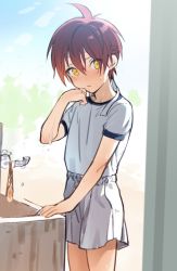 Rule 34 | 1boy, ahoge, blush, day, gym uniform, hair between eyes, headband, looking at viewer, male focus, original, outdoors, parted lips, pillow (nutsfool), red hair, shirt, short sleeves, shorts, sky, solo, sweat, white headband, white shirt, white shorts, yellow eyes
