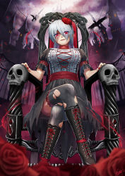 Rule 34 | 1girl, bird, black thighhighs, choker, crossed legs, crow, dutch angle, flower, gothic lolita, grey hair, highres, kyu (wein-seria), lolita fashion, long hair, looking at viewer, original, red eyes, rose, sitting, skull, smile, solo, stitches, thighhighs, throne, torn clothes, torn thighhighs, town, zombie